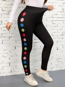 SHEIN LUNE Plus Size Women Floral Print Skinny Leggings, Sports & Casual Wear Vacation Outfits Woman Black Leggings Summer Outfits For Women