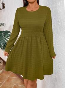 SHEIN VCAY Vestido de punto texturizado de manga larga, cuello redondo y unicolor, talla grande