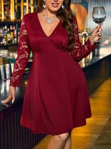 SHEIN Clasi Plus Size Elegant Party Solid Color Lace Patchwork Dress - Red - View 6
