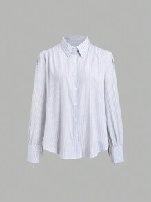 SHEIN Unity Blusa de mujer con rayas sueltas, fruncidos y puños con cordón - Azul y blanco - Ver 1