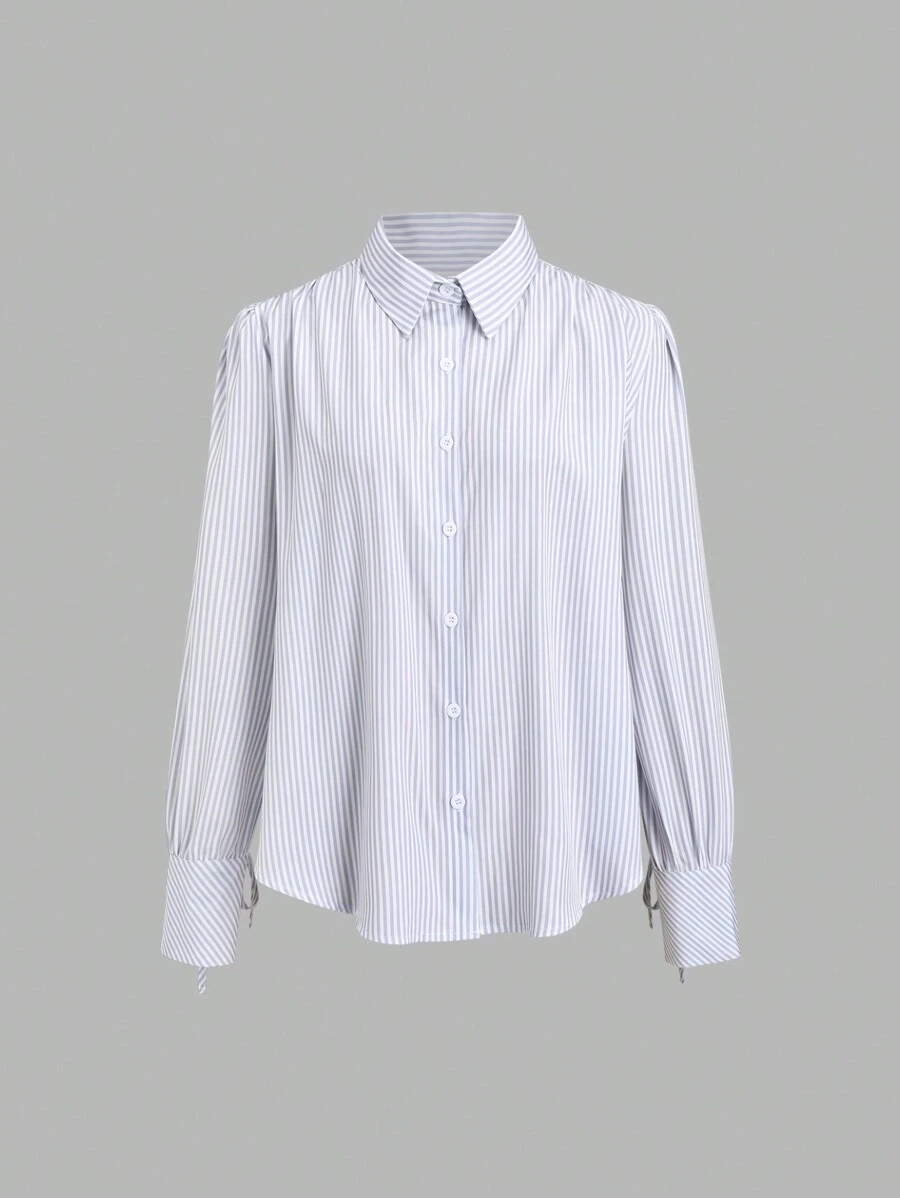 SHEIN Unity Loose Striped Ruched Drawstring Cuff Women Blouse - Blue and White - View 1