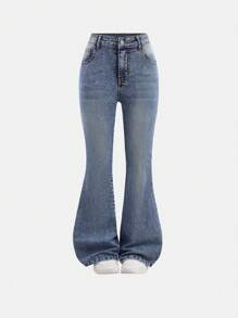 SHEIN Tween Girls Y2K Fashion Solid Washed Denim Flare Leg Jeans Broek Met Strik Versierde Zakken, Meisjes Herfst Winter Kleding Back To School Outfits