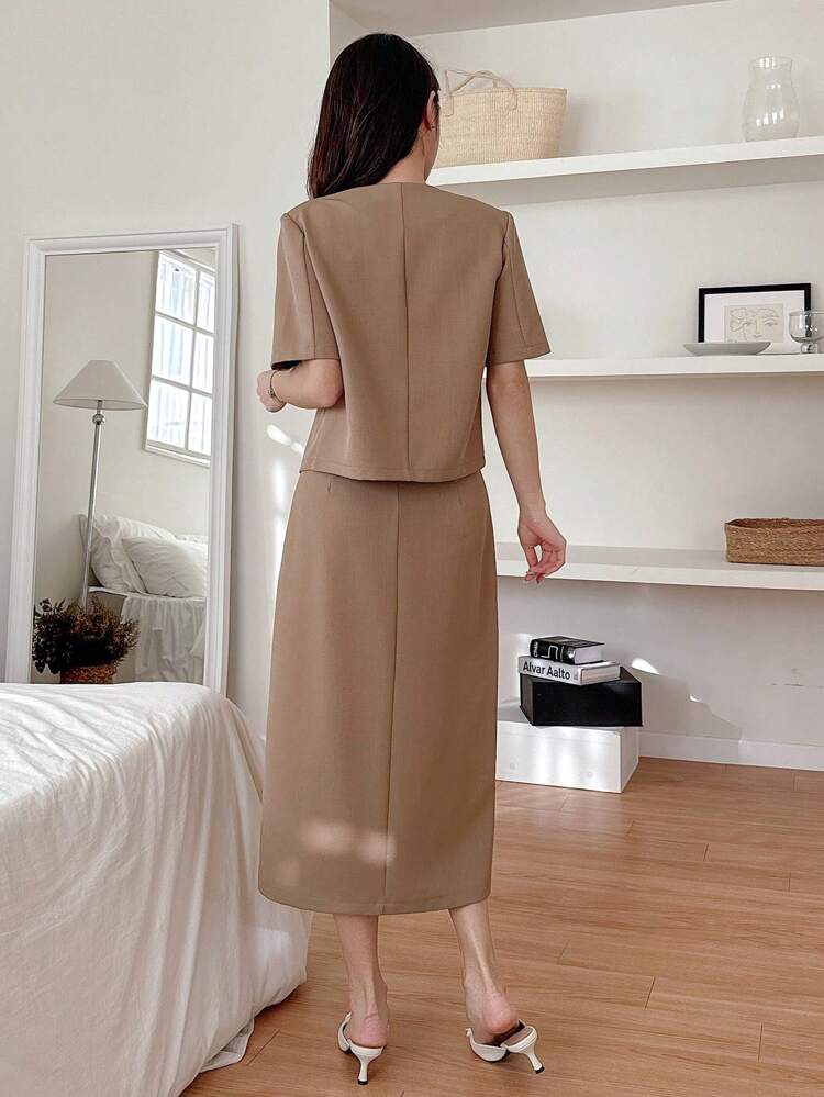 Simple Color Loose Blazer And High Slit Skirt Women Suit Set Business Attire