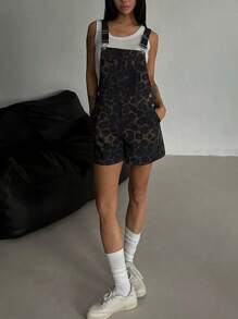 DAZY 女士牛仔豹纹背带短裤，简约时尚休闲连体裤，适合日常穿着 - 咖啡棕 - 查看 7