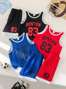 SHEIN Conjunto de 6 piezas de ropa deportiva casual adorable para bebé niño, incluye camiseta de tirantes con estampado de letras y pantalones cortos de cintura elástica, adecuado para el hogar, actividades al aire libre, deportes, y guardería