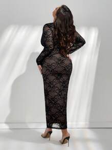 SHEIN Privé 大码女式优雅浪漫蕾丝 V 领连衣裙（黑色），适合婚礼派对、新年派对、情人节场合 - 黑色 - 查看 2