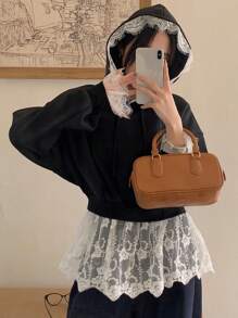 DAZY Sweat-shirt à capuche simple à manches longues avec patchwork en dentelle pour femmes, vêtement casual pour tous les jours, vêtements d'automne - Noir - Voir 2