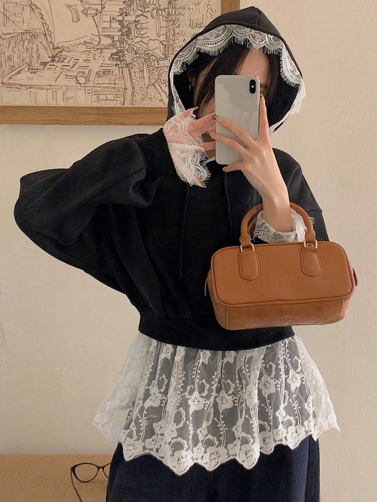 Women's Lace Patchwork Long Sleeve Simple Hooded Sweatshirt, Casual Everyday Wear,Fall Clothes