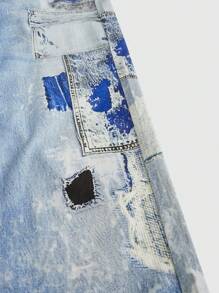 ROMWE MEN Street Life Men's Front Button Pocket Printed Simple Casual Denim Pants, Everyday Wear