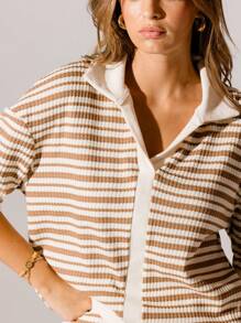 Aralina Casual Striped Knit Collared Lounge Set - Brown - View 3