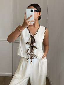 SHEIN Frenchy 2 件套女士纯色系带无袖上衣和长裤套装