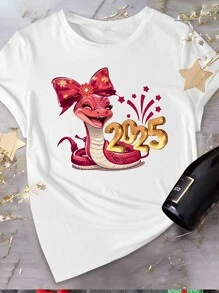 INAWLY 2025 Year Of The Snake T-Shirt, New Year Short Sleeve Women T-Shirt, For Chinese New Year, 2025 Snake Year T-Shirt