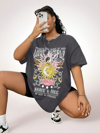 Coolane Plus Size Women Fashionable Short Sleeve T-Shirt With Sun And Moon Print PROTECT YOUR PEACE OF MIND LIVE SIMPLY INFINITE DREAMS BRAVE FREE BE RIND GO EVERYONE For Summer