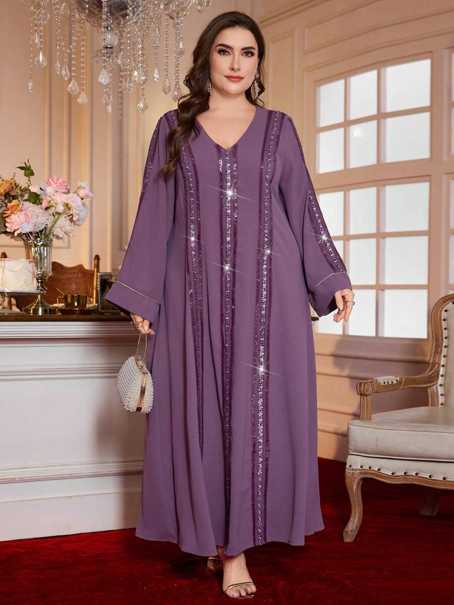 SHEIN Najma CURVE 加大码复古阿拉伯长袍，简约而优雅的串珠装饰设计，朴素 - 紫色 - 查看 1