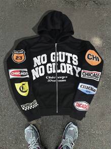 Manfinity EMRG 男士休闲字母印花长袖拉链连帽运动衫，秋冬 - 黑色 - 查看 3