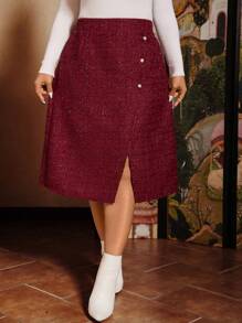 SHEIN VCAY Plus Size Front Button Slit Skirt, Casual Daily Wear - Red - View 1
