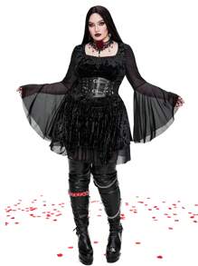 Whyspr Goth Punk Plus Size Velvet Collared Long Sleeve Punk Style Waist Cinching 2 Pieces Set For Holiday Party Clothes