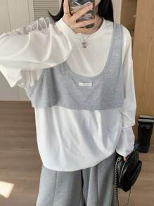 DAZY Women Casual Round Neck Loose 2 In 1 Long Sleeve T-Shirt