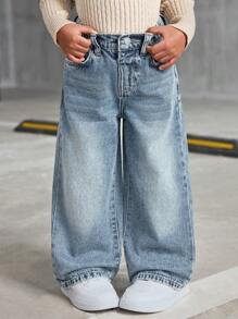 SHEIN Jeans larghi e morbidi in denim blu vintage di stile Y2K per giovani ragazze, pantaloni di jeans imbottiti in pile per tenere caldo in autunno e inverno