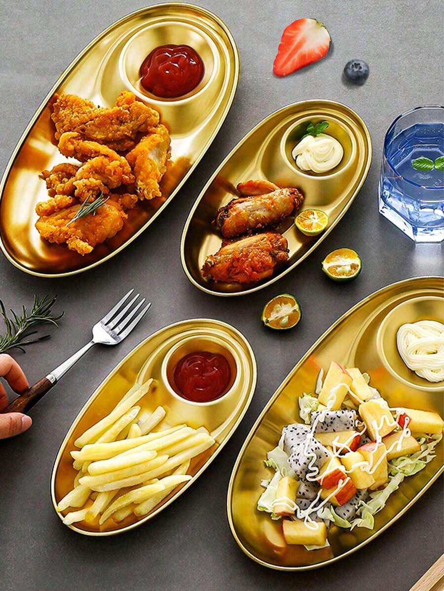 Gold Stainless Steel Oval Plate - 1PC Minimalist Pasta & Salad Dish, Unbreakable Kitchen Dinnerware, Modern Aesthetic Gift