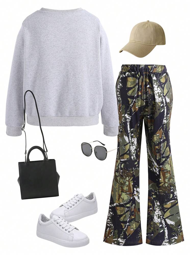 2pcs/Set Teen Girls Crew Neck Long Sleeve Bow Print Casual Top And Pants Outfit Set - Multicolor - View 2