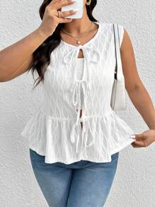 SHEIN Frenchy المرأة ذات الحجم الكبير ملابس علوية أساسي أبيض مع نسيج منسوج، تصميم أربطة فيونكة - أبيض - مشاهدة 1