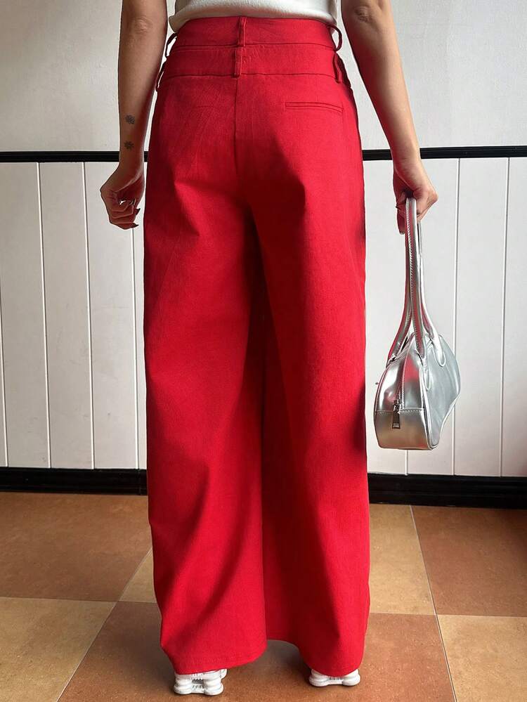 Women's Solid Color Double Waistband Wide Leg Loose Pants, Suitable For Chinese New Year , All Season