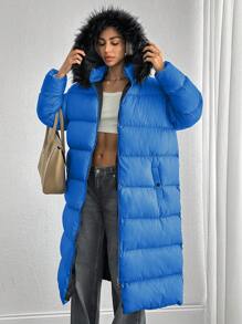 SHEIN Tall Faux Fur Hoodie Detailed Zip Up Oversized Fit Stylish Padded Long TALL Winter Coat