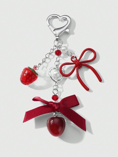 Kawaii 1pc Korean Style Elegant & Chic Silver Chain Ribbon Acrylic Bowknot Resin Strawberry/Cherry Pendant Keychain, Fashionable Accessory Gift For Women & Girls, Daily Wear