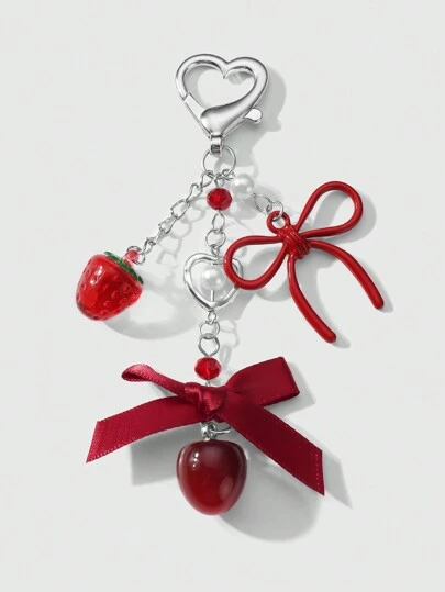 ROMWE Kawaii 1 件韩式优雅别致银链丝带亚克力蝴蝶结树脂草莓/樱桃吊坠钥匙扣，时尚配饰礼物，适合女性和女孩，日常穿着