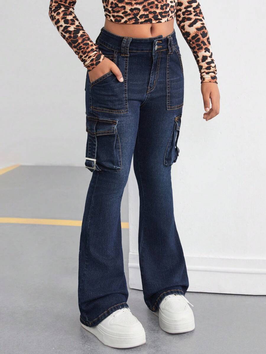 SHEIN Tween Girls Y2K 时尚复古水洗翻盖口袋工装牛仔喇叭牛仔裤，Tween Girls 秋装返校街头服饰