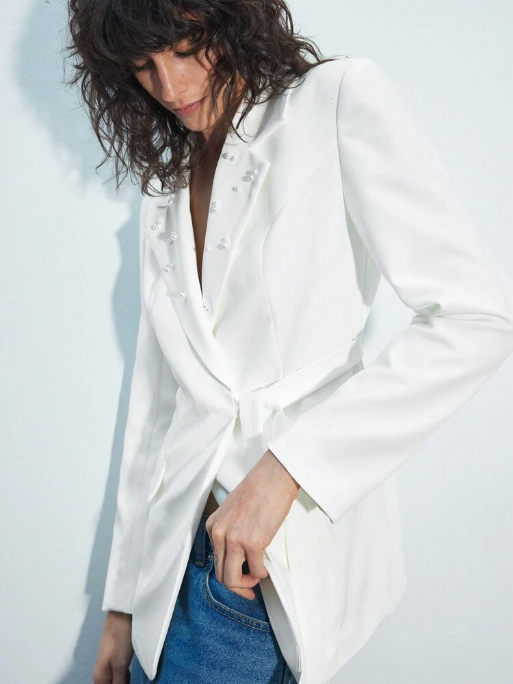 SHEIN Maija Blazer femmes col cranté décoré de faux perles, manches longues, couleur unie, Saint-Valentin, festival