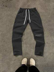 Manfinity Homme Men's Simple Letter Print Front Tie Sweatpants, Casual Daily Wear - Dark Grey - View 1