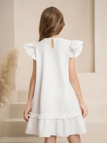 Tween Girls Round Neck Bow Faux Pearl Beaded Cap Sleeve A-Line Dress, Cute & Playful, Ruffled & , Suitable For Valentine's Day, Wedding, Birthday Party, Flower Girl & Bridesmaid, Casual - White - View 2