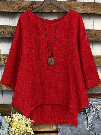 Linhara Plus Size Enfärgad rund hals långärmad enkla Casual Toppar