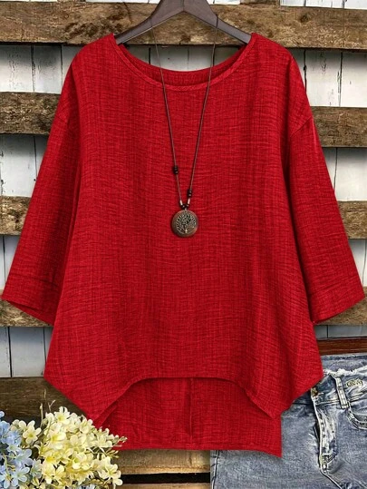 Linhara 大码纯色圆领长袖简约休闲上衣