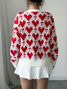 Elenzga Heart Jacquard Pattern Loose Fit Crew Neck Sweater For Women