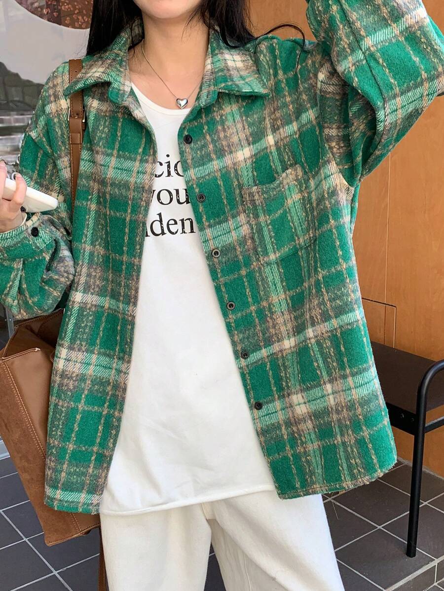 DAZY 女式前扣长袖格子休闲上衣，带口袋，适合日常穿着、秋季服装、法兰绒女装 - 綠色 - 查看 1