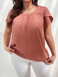 SHEIN Privé 大码女士优雅通勤知性圆领荷叶边袖短袖夏季衬衫 - 粉色 - 查看 2