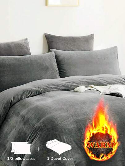 2/3 piezas Juego de edredón de terciopelo cristal/terciopelo de leche color gris oscuro sólido, Cama individual/Cama completa/Queen/King, Otoño/Invierno