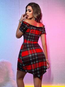 2 Pieces Set Sexy Plaid Off Shoulder Cross Strap Mini Dress - Multicolor - View 2