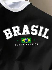 SHEIN EZwear Áo thun tay ngắn cổ tròn họa tiết BRASIL đơn giản, giản dị dành cho nữ, thích hợp cho mùa hè - màu đen - Xem 3