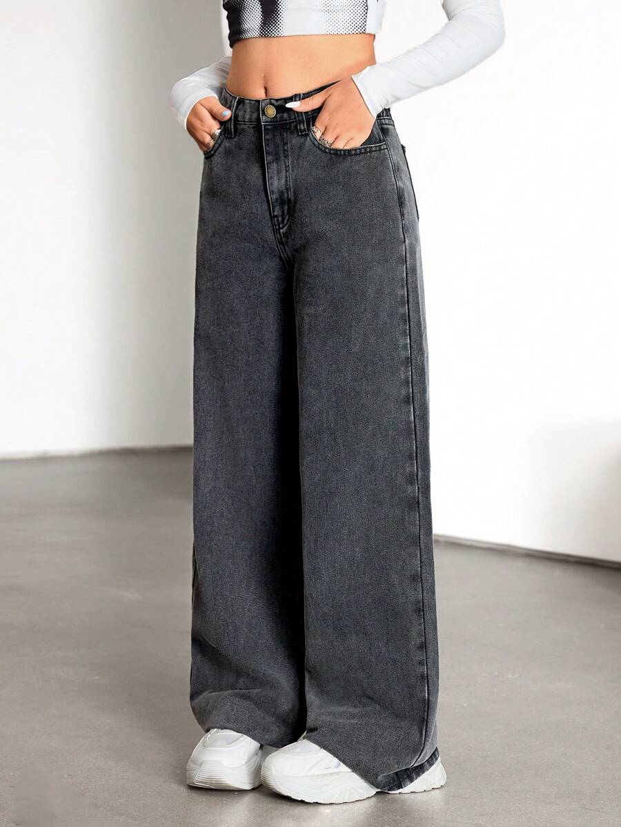 SHEIN 少女简约前扣口袋休闲牛仔裤 - 黑色 - 查看 1