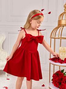 SHEIN Vestido rojo de niña elegante con tirantes tipo espagueti y tejido - Rojo - Ver 5