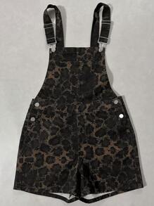 DAZY 女士牛仔豹纹背带短裤，简约时尚休闲连体裤，适合日常穿着 - 咖啡棕 - 查看 8