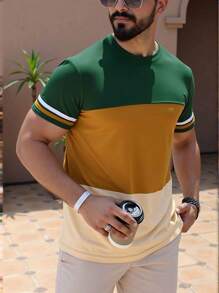 Manfinity Dauomo Men's Round Neck Short Sleeve Solid Color Patchwork Casual T-Shirt