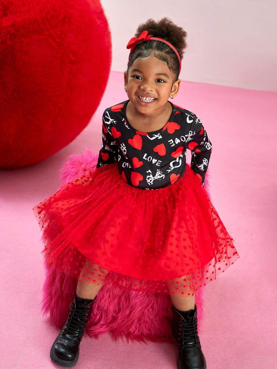 Young Girl Round Neck Long Sleeve Print Patchwork Minimalist Dress - Multicolor - View 1