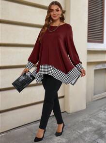 EMERY ROSE Plus Size Casual Color Block Asymmetric Hem Plaid T-Shirt,Winter Tops, Autumn&Winter Women Clothes,Vacation Outfits Woman,Boho For Women,Summer Outfits For Women/Summer - Burgundy - View 3