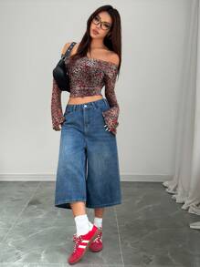 SHEIN EZwear Leopard Print Mesh Off Shoulder Casual Top For Women, Minimalist Fashion, Suitable For Daily Wear