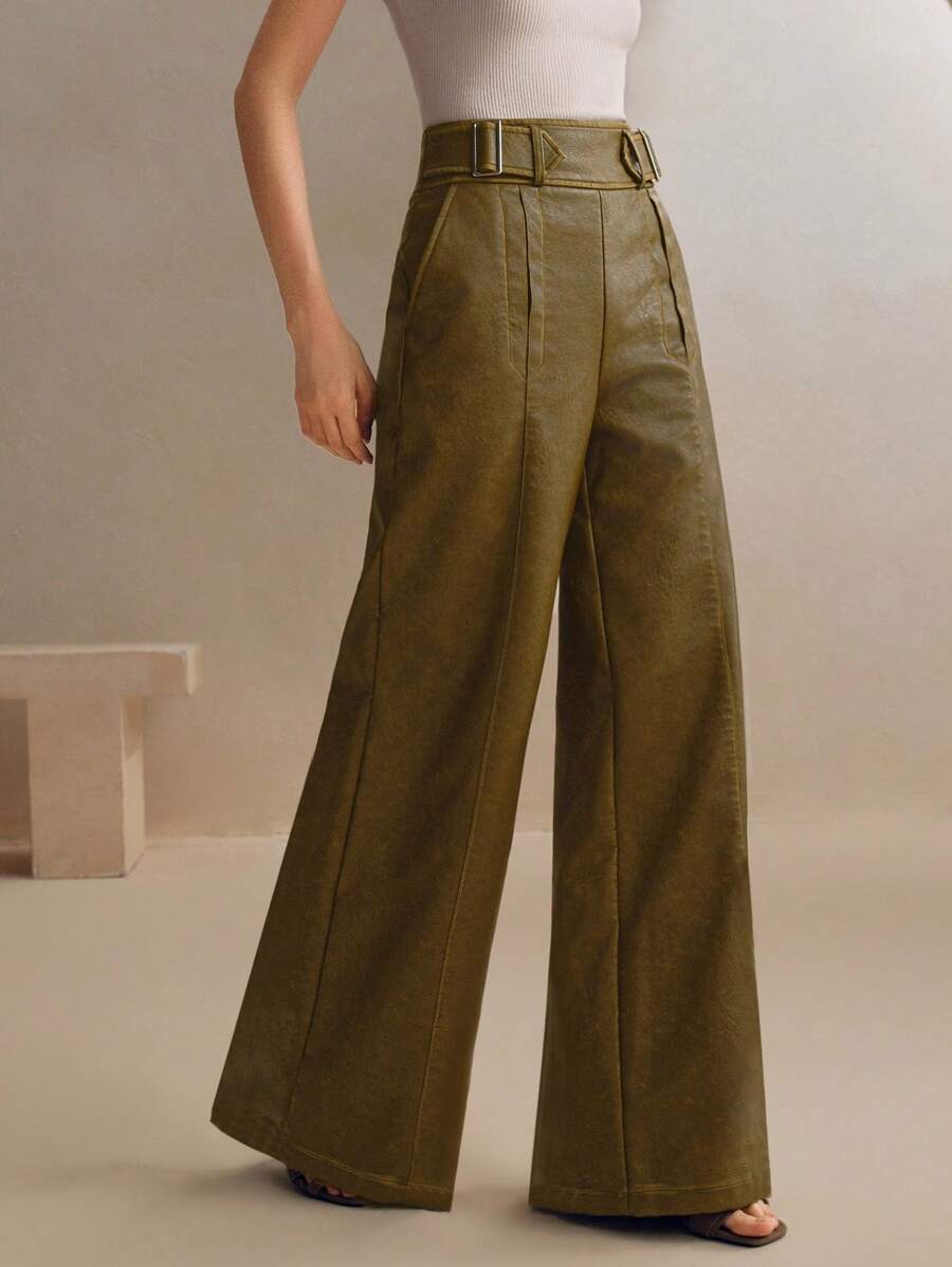 Anewsta Vintage Distressed Wide Leg PU Leather Pocket Pants, Business Casual Women For Spring/Summer - Army Green - View 1